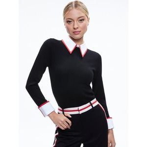 $440 Alice + Olivia Porla Collared Sweater Knit black white red preppy